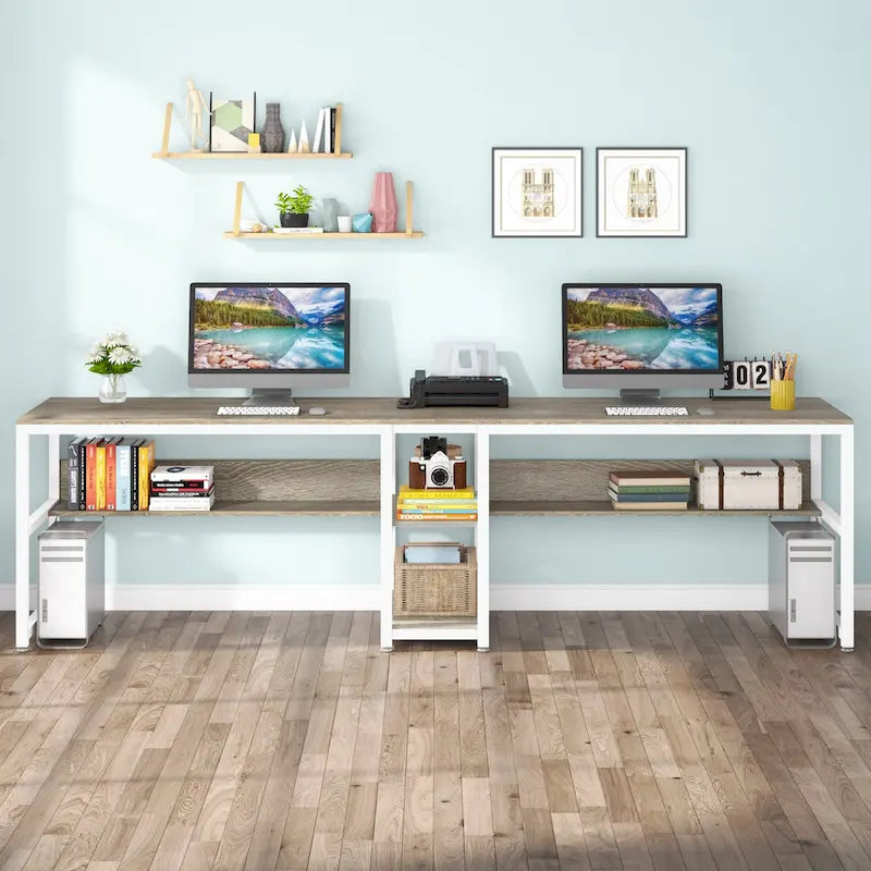 Two Person Desk with Bookshelf, Double Office Desk