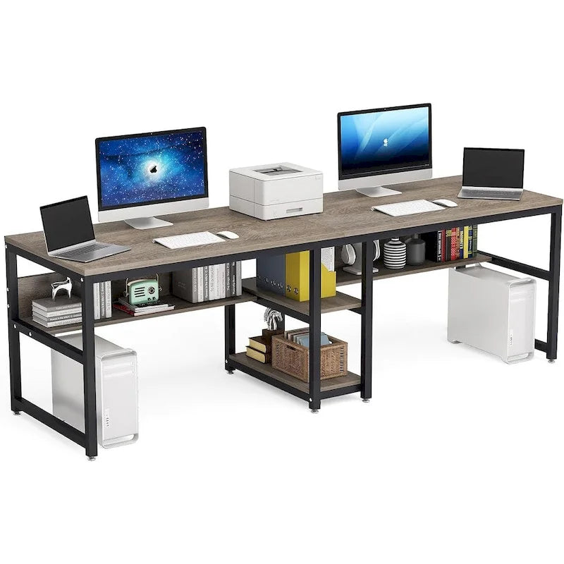 Two Person Desk with Bookshelf, Double Office Desk