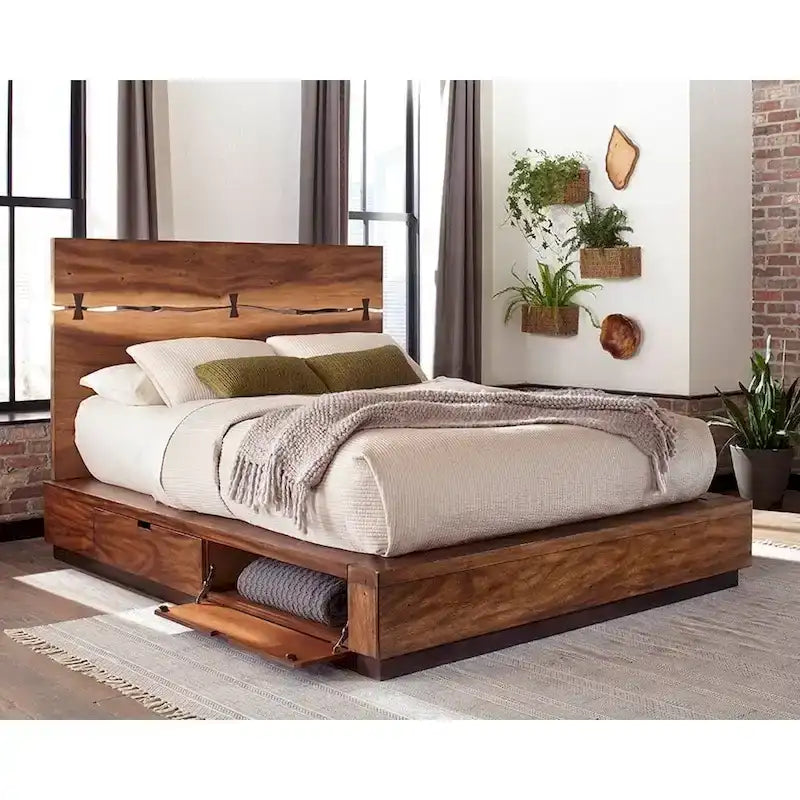 Lit plateforme de rangement Mallory en noyer fumé et grain de café