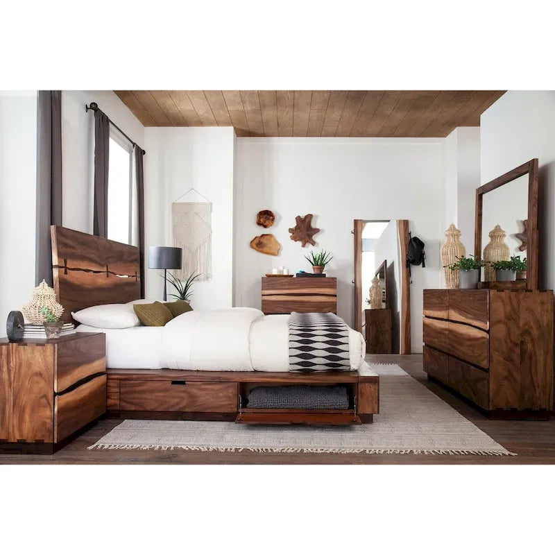 Lit plateforme de rangement Mallory en noyer fumé et grain de café