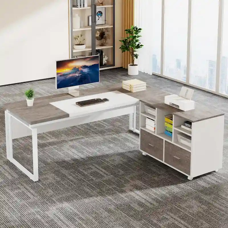 63 L-Shaped Corner Executive Computer Desk and Rolling File Cabinet Set for Home Office