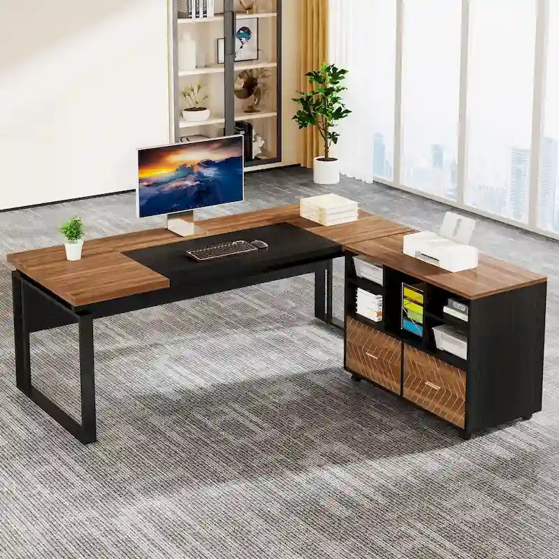 63 L-Shaped Corner Executive Computer Desk and Rolling File Cabinet Set for Home Office