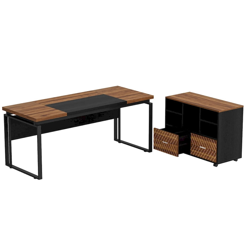 63 L-Shaped Corner Executive Computer Desk and Rolling File Cabinet Set for Home Office