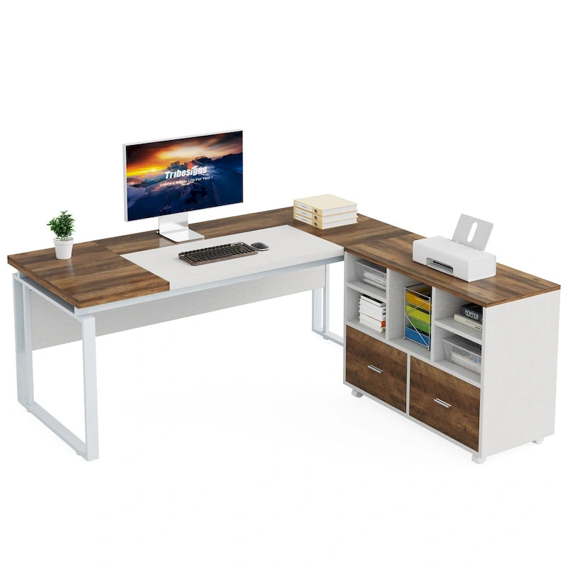 63 L-Shaped Corner Executive Computer Desk and Rolling File Cabinet Set for Home Office