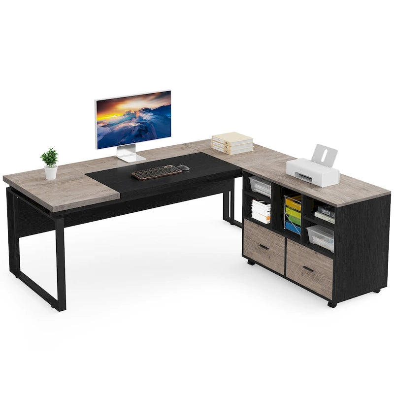 63 L-Shaped Corner Executive Computer Desk and Rolling File Cabinet Set for Home Office