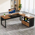 63 L-Shaped Corner Executive Computer Desk and Rolling File Cabinet Set for Home Office