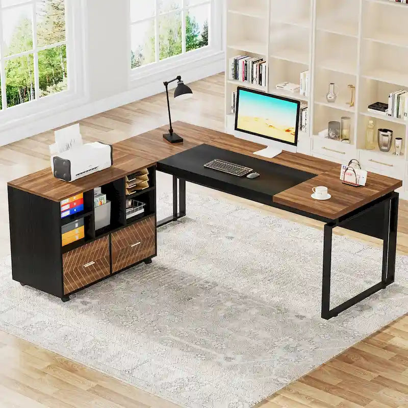 63 L-Shaped Corner Executive Computer Desk and Rolling File Cabinet Set for Home Office