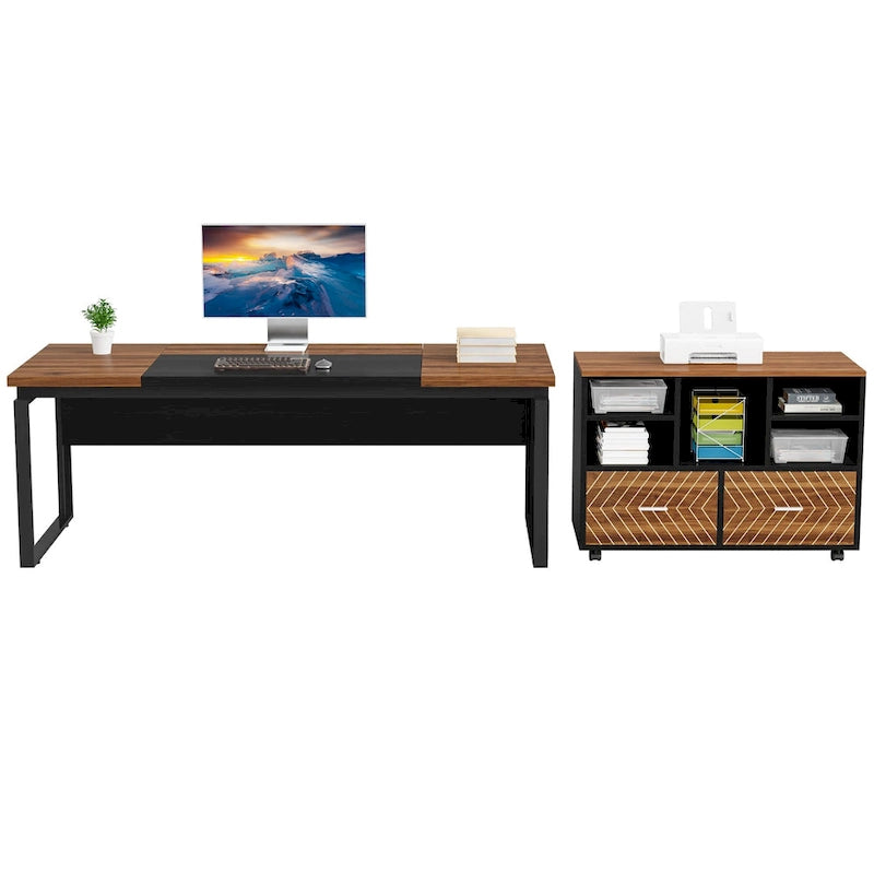63 L-Shaped Corner Executive Computer Desk and Rolling File Cabinet Set for Home Office