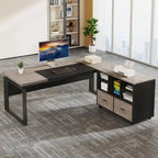 63 L-Shaped Corner Executive Computer Desk and Rolling File Cabinet Set for Home Office