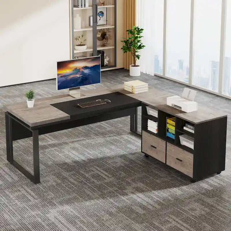 63 L-Shaped Corner Executive Computer Desk and Rolling File Cabinet Set for Home Office