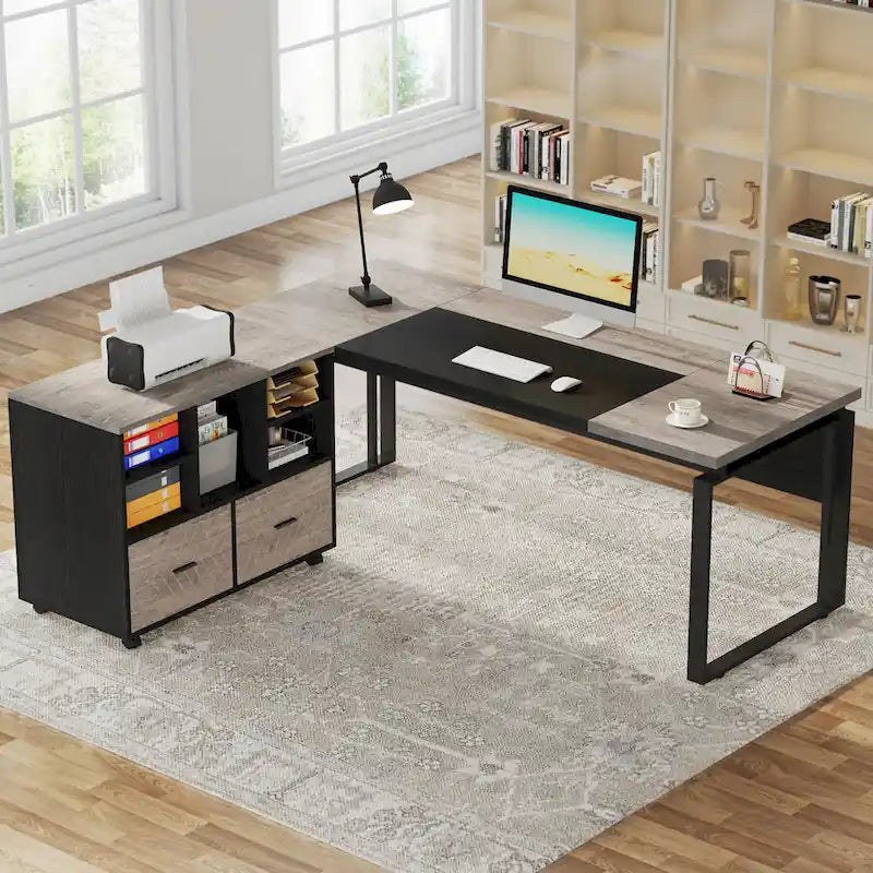 63 L-Shaped Corner Executive Computer Desk and Rolling File Cabinet Set for Home Office