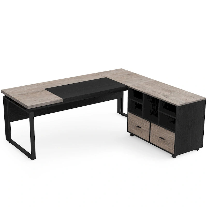 63 L-Shaped Corner Executive Computer Desk and Rolling File Cabinet Set for Home Office