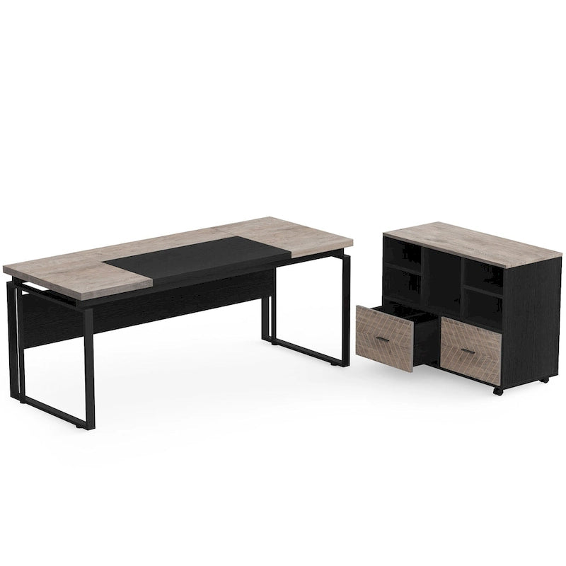 63 L-Shaped Corner Executive Computer Desk and Rolling File Cabinet Set for Home Office