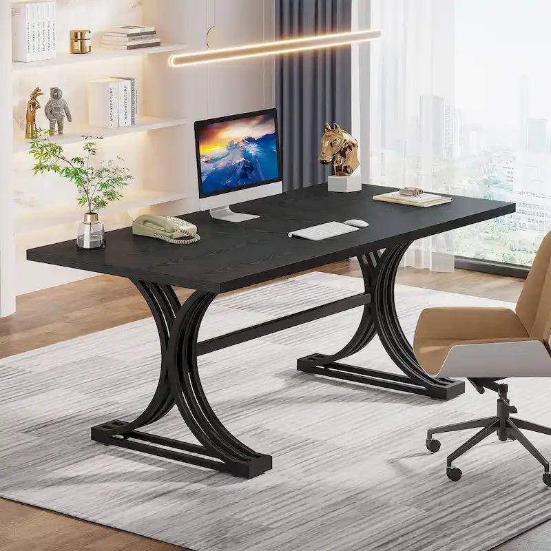 63 Modern Executive Computer Desk with Trestles Legs, Large Writing Table for Home Office