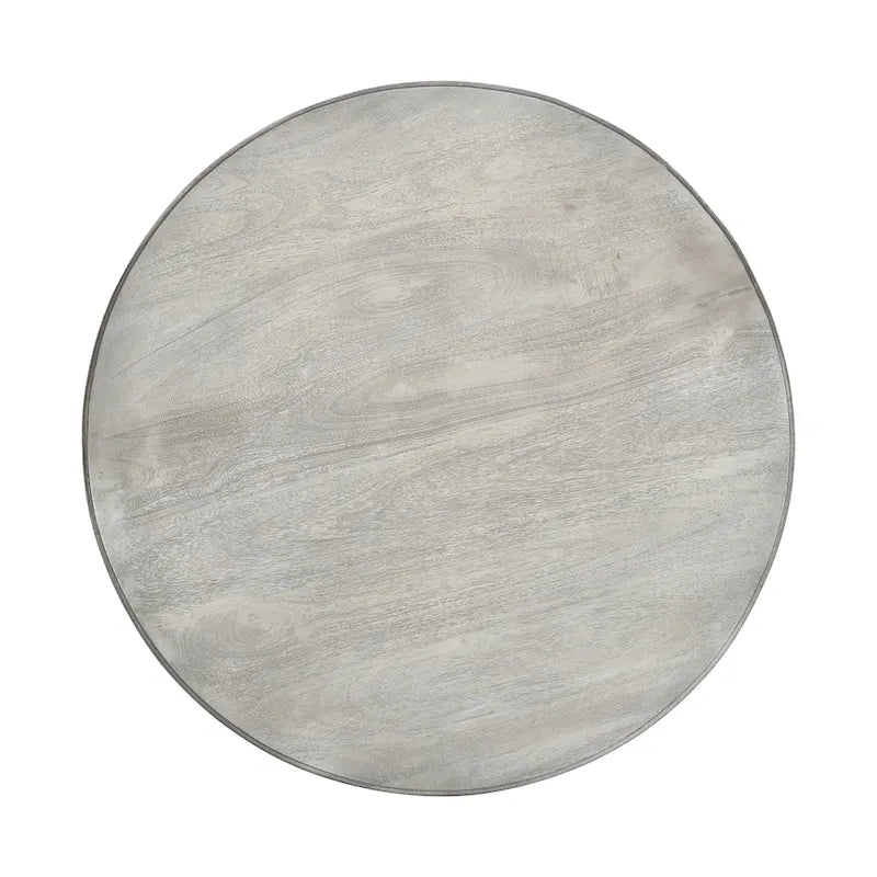 42 Inch Handcrafted Mango Wood Dining Table, Pedestal Base, Round Molded Top, Washed White, Gray