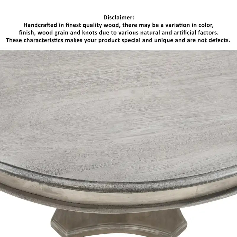 42 Inch Handcrafted Mango Wood Dining Table, Pedestal Base, Round Molded Top, Washed White, Gray