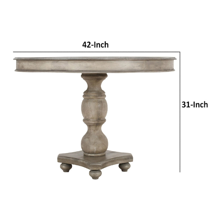 42 Inch Handcrafted Mango Wood Dining Table, Pedestal Base, Round Molded Top, Washed White, Gray