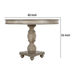 42 Inch Handcrafted Mango Wood Dining Table, Pedestal Base, Round Molded Top, Washed White, Gray