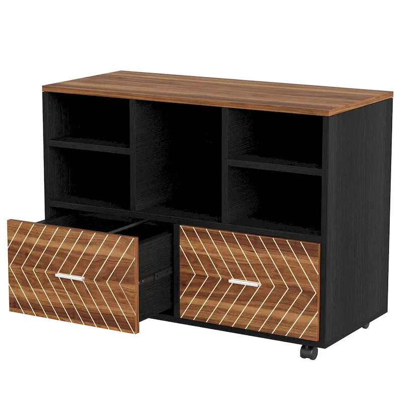 2-Drawer Wood File Cabinet with Open Shelves, Mobile Lateral Filing Cabinet for Hanging Letter Size Files