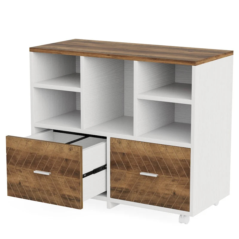 2-Drawer Wood File Cabinet with Open Shelves, Mobile Lateral Filing Cabinet for Hanging Letter Size Files