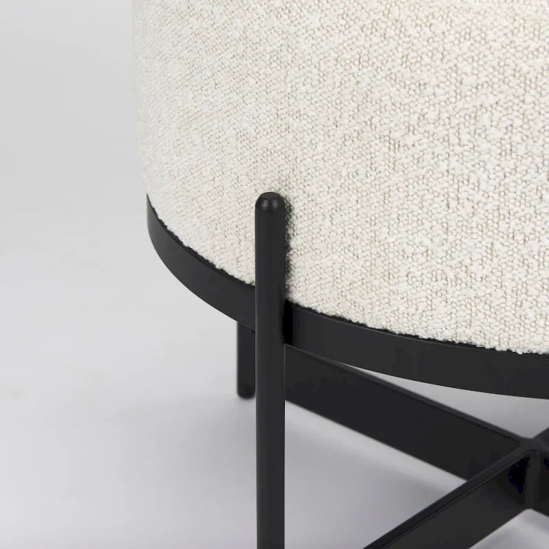 Amelia Cream Boucle Fabric with Black Metal Frame Round Ottoman