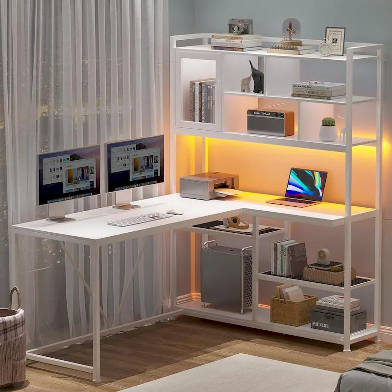 L Shaped Computer Gaming Corner Desk LED Light Storage Bookshelf
