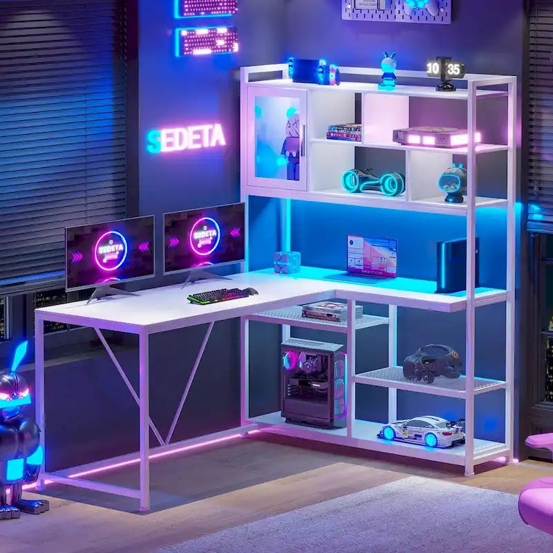 Bureau d'angle en L pour ordinateur et jeux avec éclairage LED et étagère de rangement