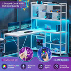 Bureau d'angle en L pour ordinateur et jeux avec éclairage LED et étagère de rangement