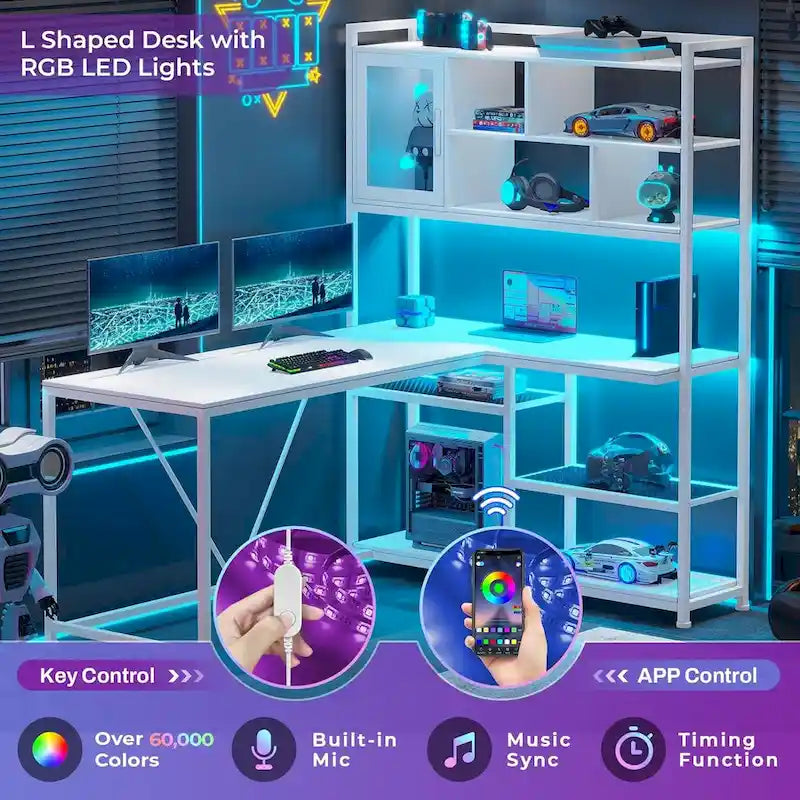 L Shaped Computer Gaming Corner Desk LED Light Storage Bookshelf