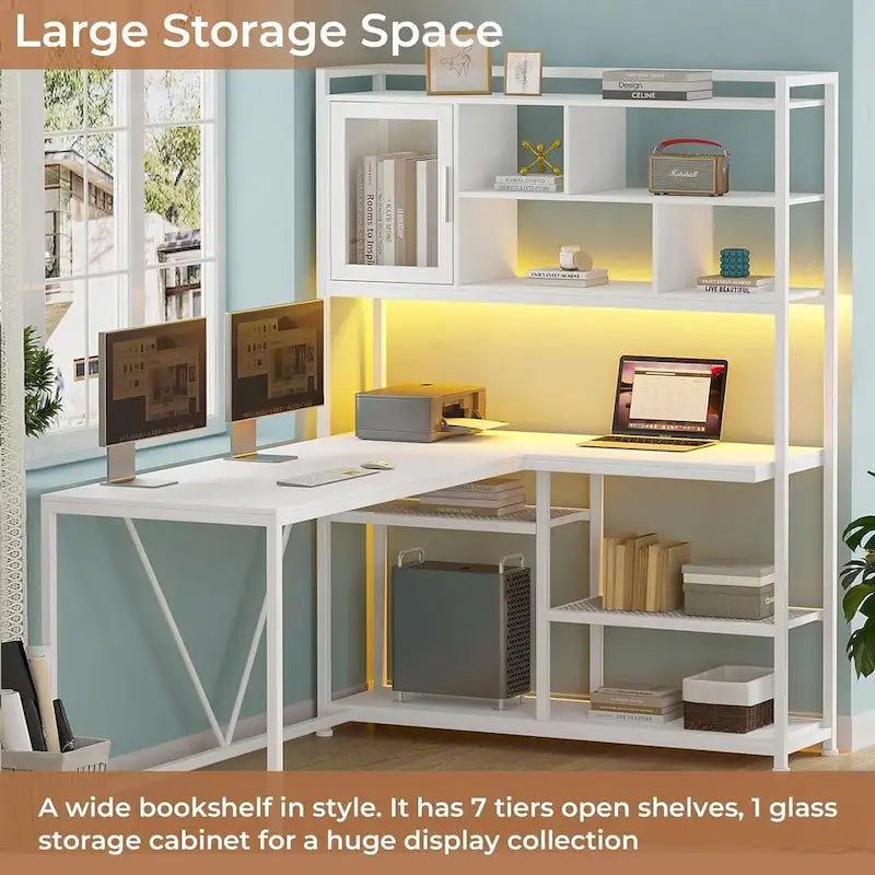 L Shaped Computer Gaming Corner Desk LED Light Storage Bookshelf
