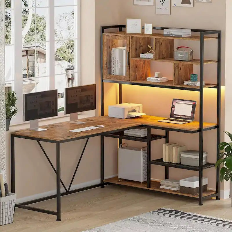Bureau d'angle en L pour ordinateur et jeux avec éclairage LED et étagère de rangement
