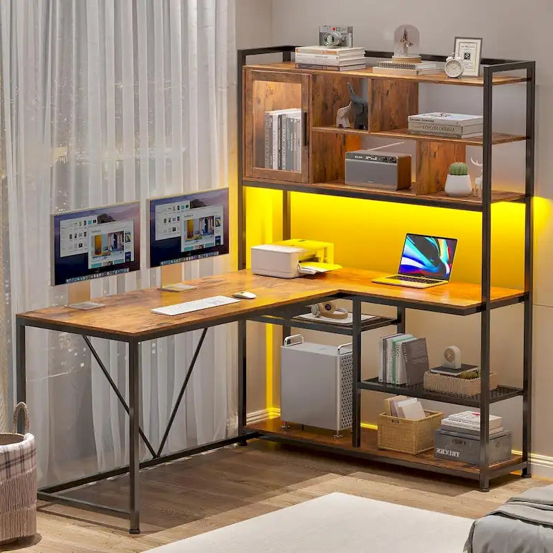 Bureau d'angle en L pour ordinateur et jeux avec éclairage LED et étagère de rangement