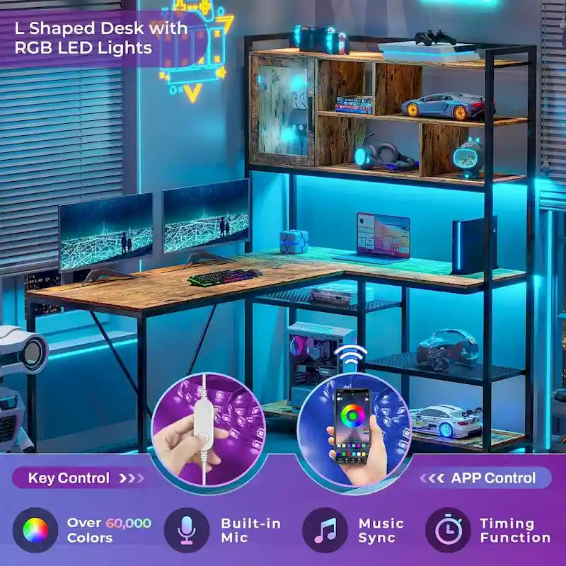 Bureau d'angle en L pour ordinateur et jeux avec éclairage LED et étagère de rangement