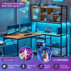 Bureau d'angle en L pour ordinateur et jeux avec éclairage LED et étagère de rangement