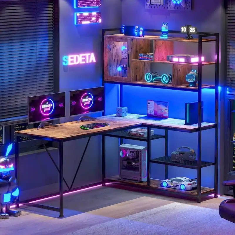 Bureau d'angle en L pour ordinateur et jeux avec éclairage LED et étagère de rangement