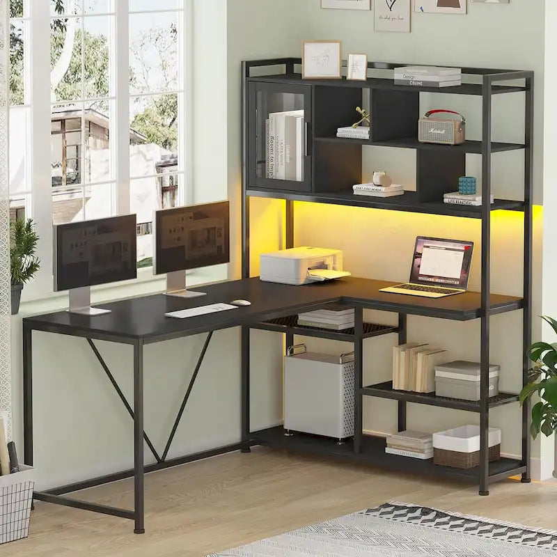 Bureau d'angle en L pour ordinateur et jeux avec éclairage LED et étagère de rangement