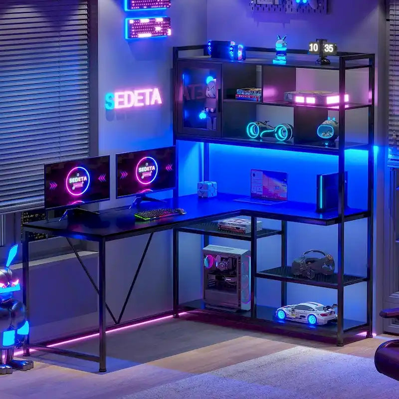 Bureau d'angle en L pour ordinateur et jeux avec éclairage LED et étagère de rangement