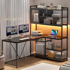 Bureau d'angle en L pour ordinateur et jeux avec éclairage LED et étagère de rangement