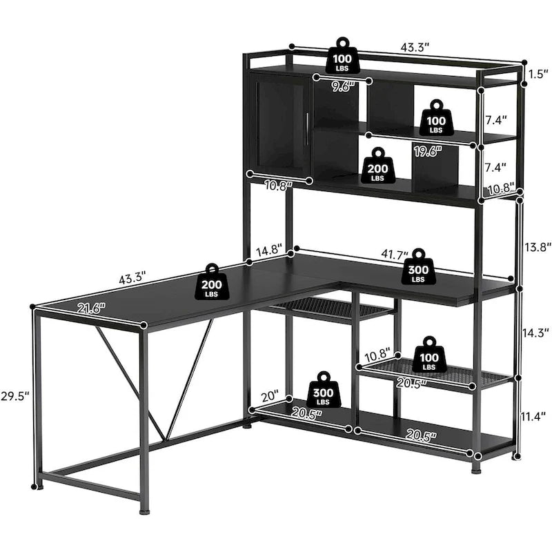 Bureau d'angle en L pour ordinateur et jeux avec éclairage LED et étagère de rangement