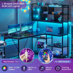 Bureau d'angle en L pour ordinateur et jeux avec éclairage LED et étagère de rangement