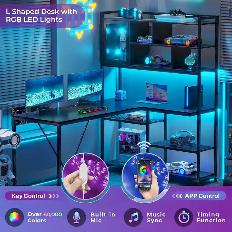 Bureau d'angle en L pour ordinateur et jeux avec éclairage LED et étagère de rangement