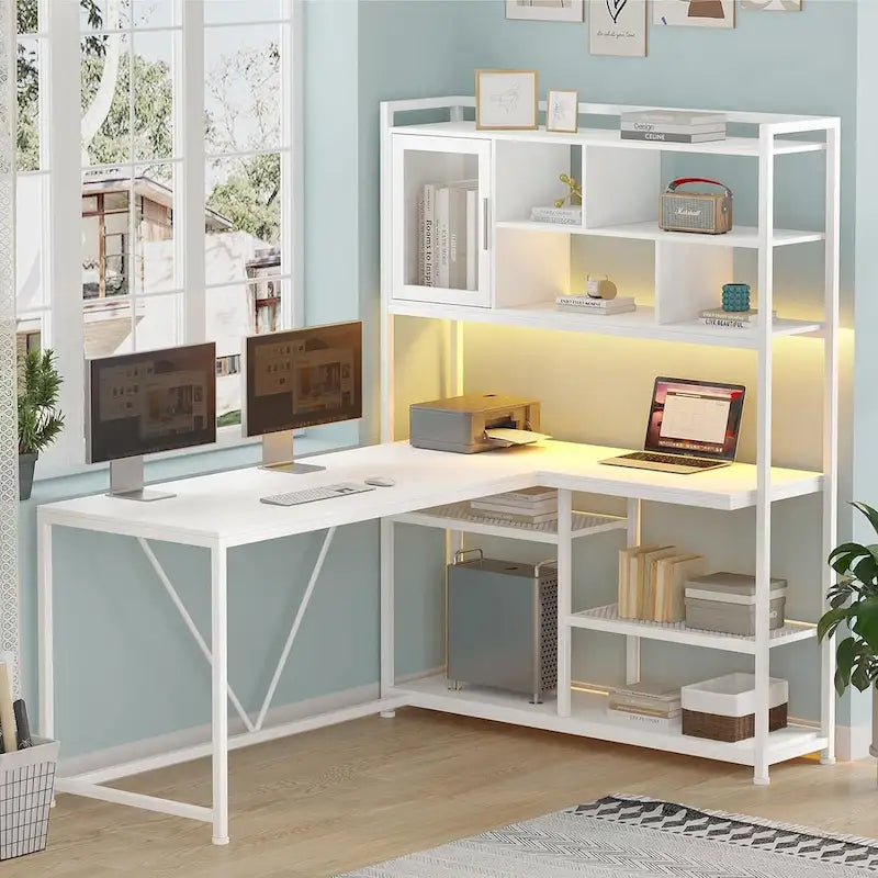 Bureau d'angle en L pour ordinateur et jeux avec éclairage LED et étagère de rangement