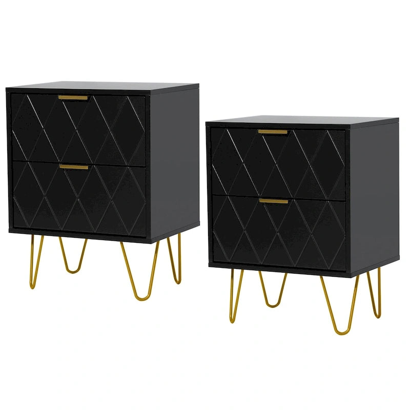 Ensemble de 2 tables de chevet 2 tiroirs Table d'appoint avec pieds en métal Chambre à coucher Salon Moderne