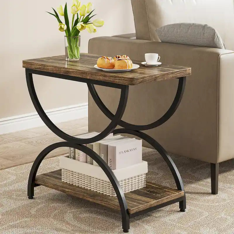 23-Inch Rectangular End Side Accent Table with 2-Tier and Stylish Metal Frame for Bedroom Nightstand Bedside Table Sofa Side
