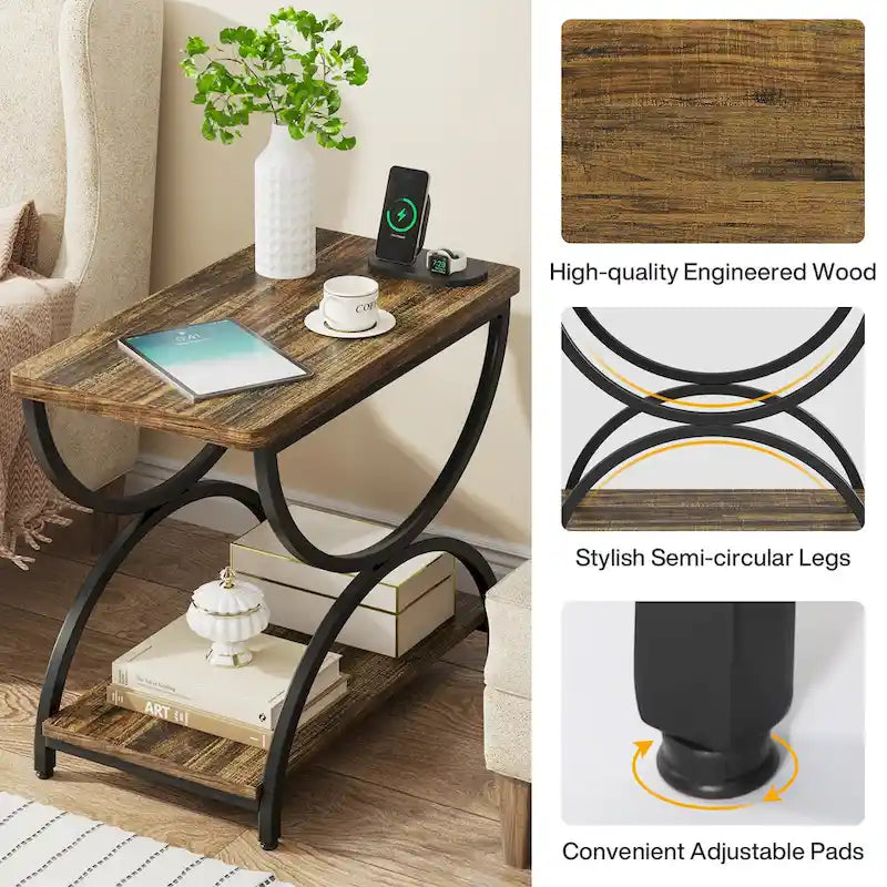 23-Inch Rectangular End Side Accent Table with 2-Tier and Stylish Metal Frame for Bedroom Nightstand Bedside Table Sofa Side