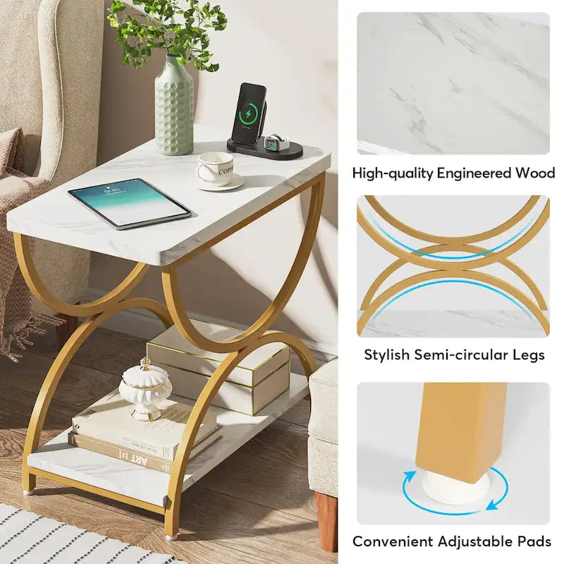 23-Inch Rectangular End Side Accent Table with 2-Tier and Stylish Metal Frame for Bedroom Nightstand Bedside Table Sofa Side