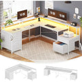 L Shaped Home Office Desk with 6 Drawer File Drawer Power Outlet