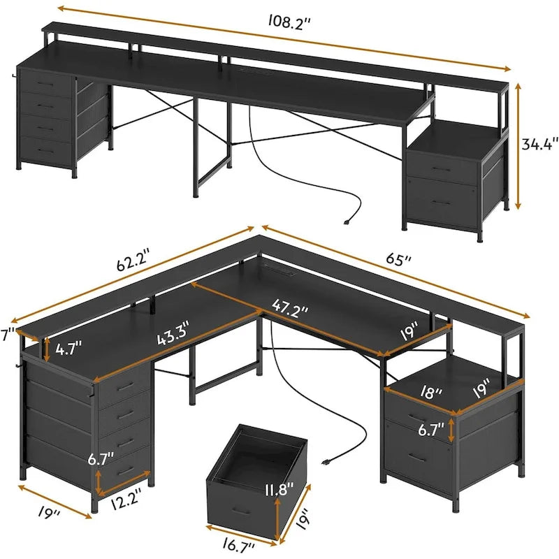 L Shaped Home Office Desk with 6 Drawer File Drawer Power Outlet