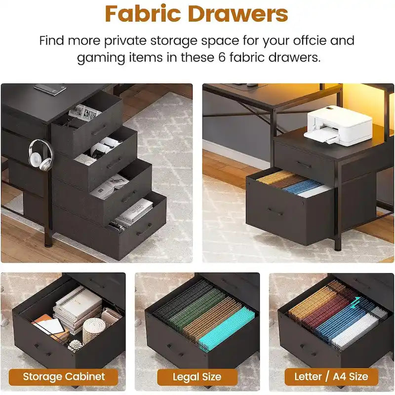L Shaped Home Office Desk with 6 Drawer File Drawer Power Outlet
