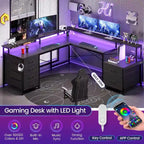 L Shaped Home Office Desk with 6 Drawer File Drawer Power Outlet